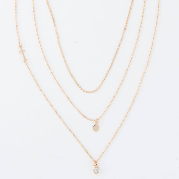 Layered Necklace Char 15" Gold  Side Cross Gem Pendant