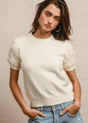 This cream color whimsey sleeved sweater is short sleeved, feminine and soft looking and feel.  Can be worn with shorts, slacks, jeans, shorts, leggings or a skirt.