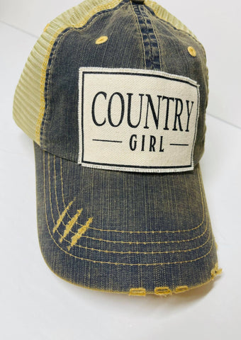 grey baseball cap with kaki back Quote on hat " Country Girl"