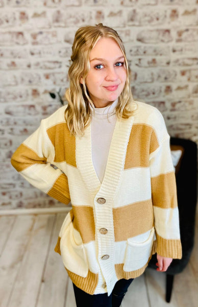 Woman wearing Mustard and Cream Striped Open Cardigan with Buttons and Pockets 