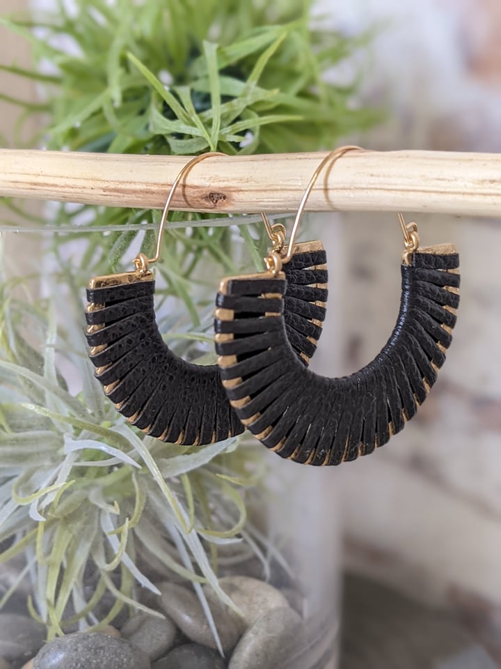 Black Crescent Leather Wrapped Earrings