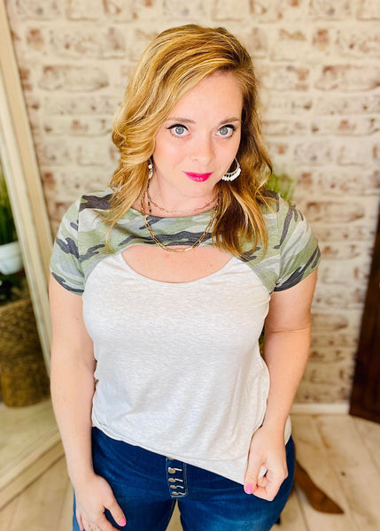 Woman wearing White and Green Camo Cutout T-Shirt