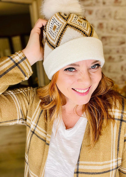Woman wearing Long Plaid Open Cardigan with a Matching Beanie 