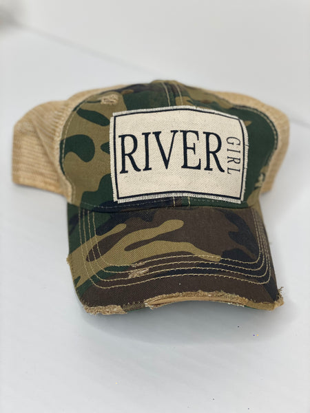 Distressed Green Camo and Kaki baseball Cap with Quote" River Girl" Written in Black