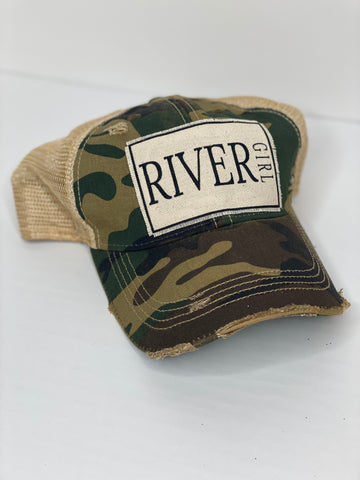 Distressed Green Camo and Kaki baseball Cap with Quote" River Girl" Written in Black